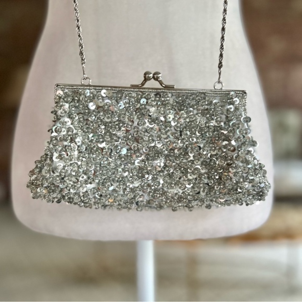 La Regale Bag Silver Sequin Mini Crossbody Purse Evening Cocktail Occasion